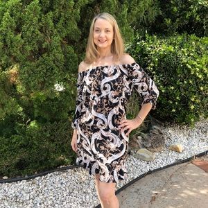 Black/Tan Scroll - Romper Dress